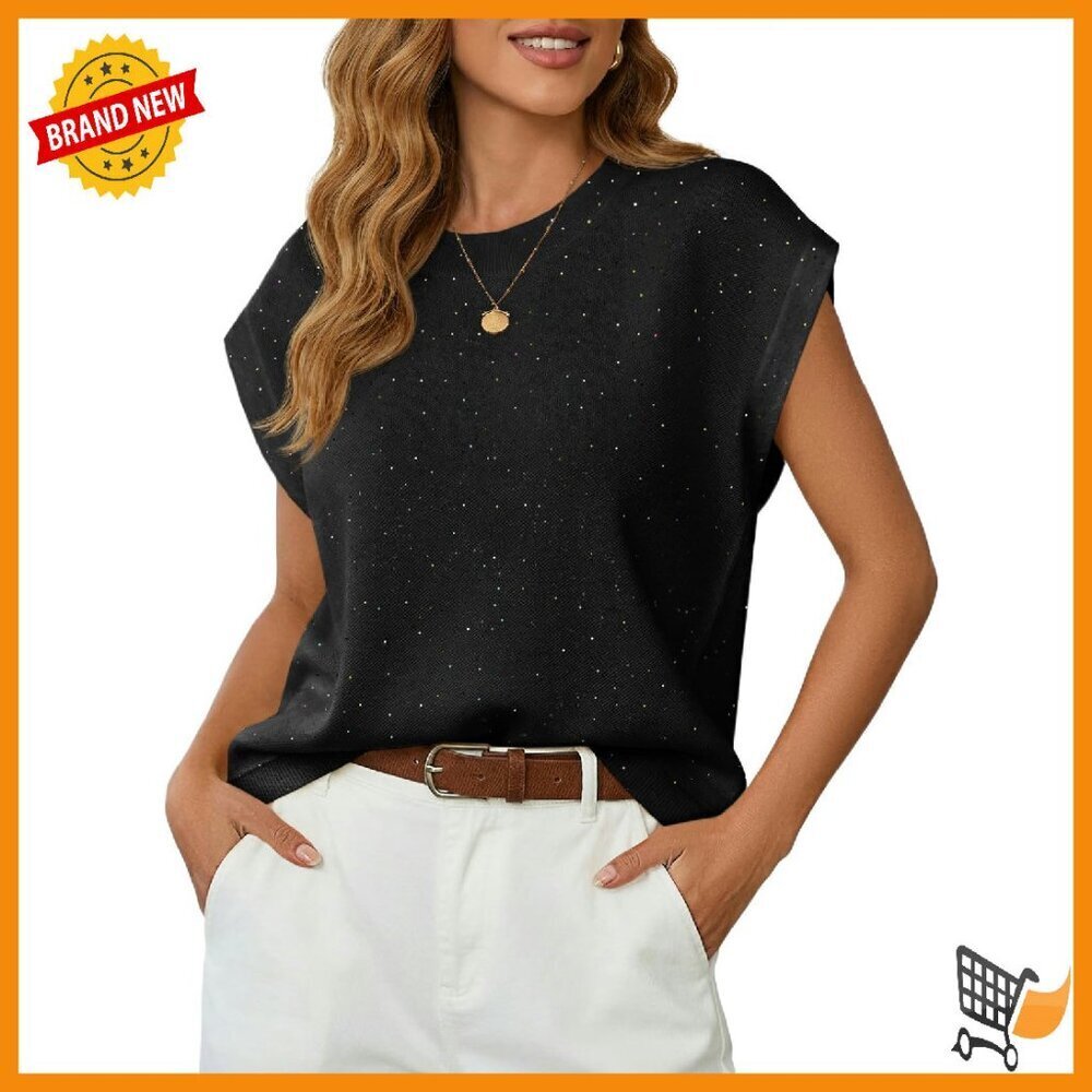 Sleeveless Sequin Knit Top Cap Sleeve Crewneck Summer Vest